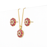 Gold-Plated Ruby & White Stone Floral Pendant Set