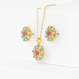 Ruby & Emerald Floral Pendant & Earrings Set