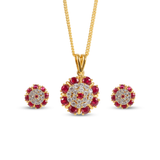 Gold-Plated Ruby & White Stone Floral Pendant Set