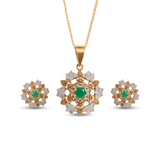 Gold-Plated Emerald & White Stone Floral Pendant Set