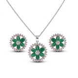 Rhodium Emerald Flower Zircon Pendant Set
