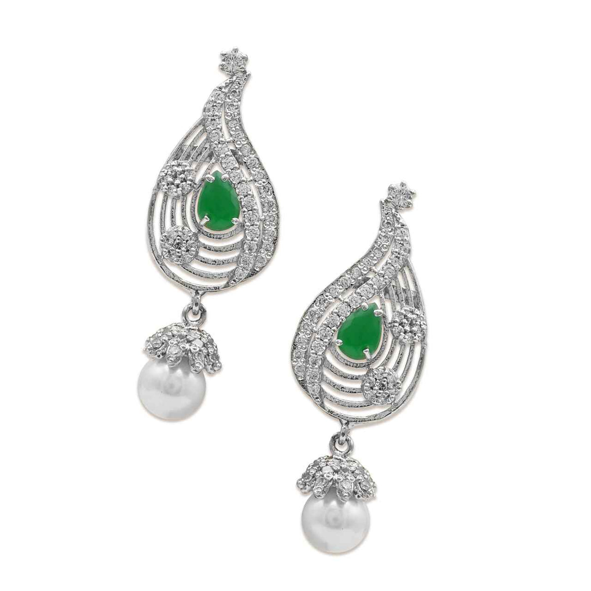 Dazzling Earrings With White, Green Zircons & Pearls in 925 Silver With Rhodium Plating