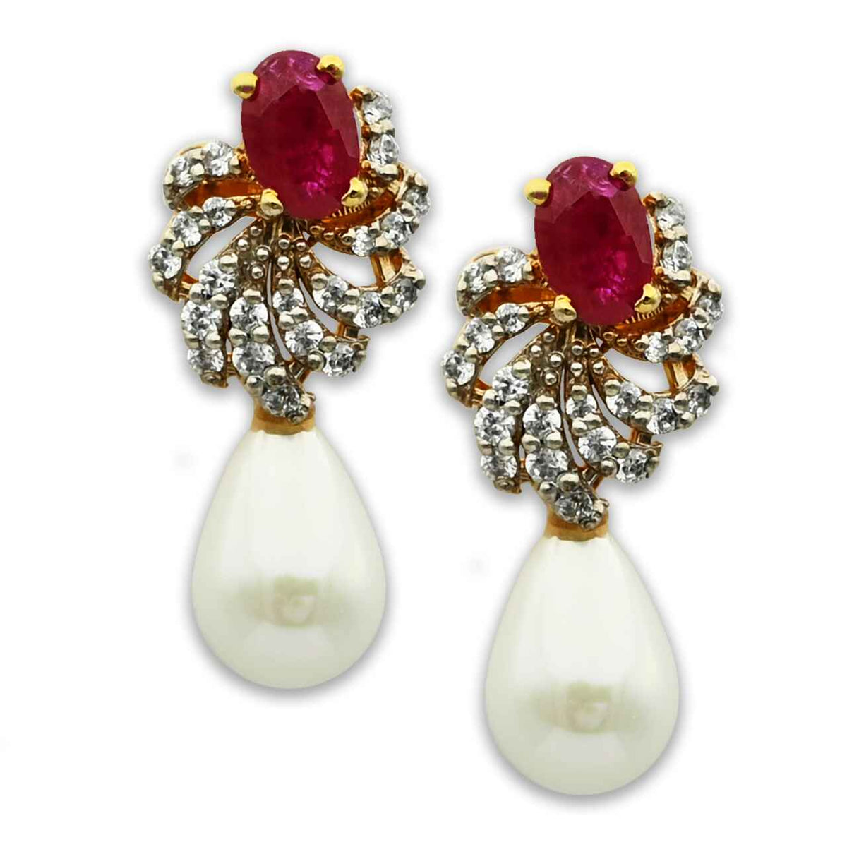 Dazzling Earring With Zircons and Red Stones in 925 Silver With Gold Plating