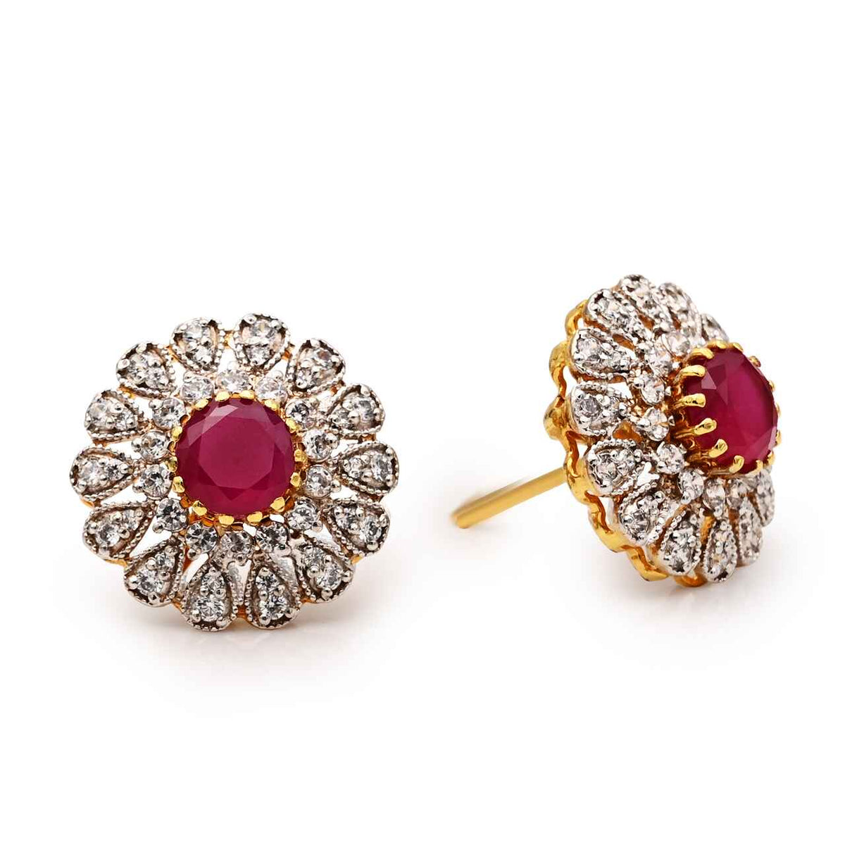 Elegant Earrings With Zircons and Red Stones in 925 Silver With Gold Plating