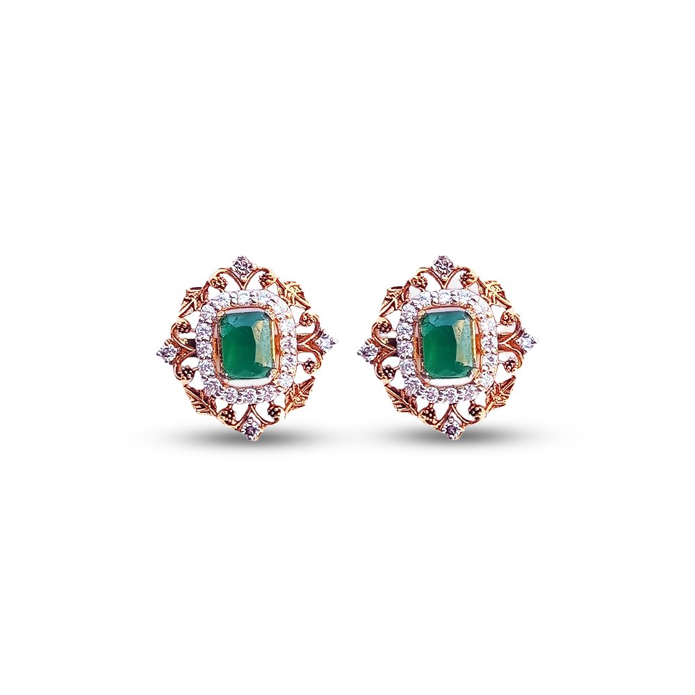 Elegant Rose Gold Emerald & Diamond Stud Earrings