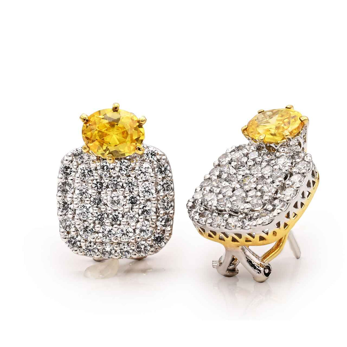 Beautiful Earrings With Zircons and Yellow Stones in 925 Silver With Rhodium Plating