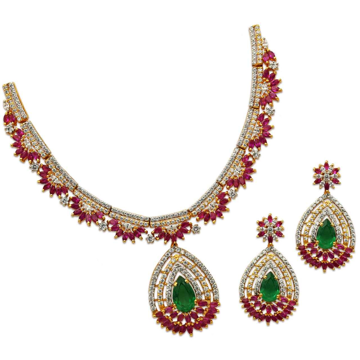 Dazzling White,Pink and Green Zircons set in 925 Sterling silver with Gold plating