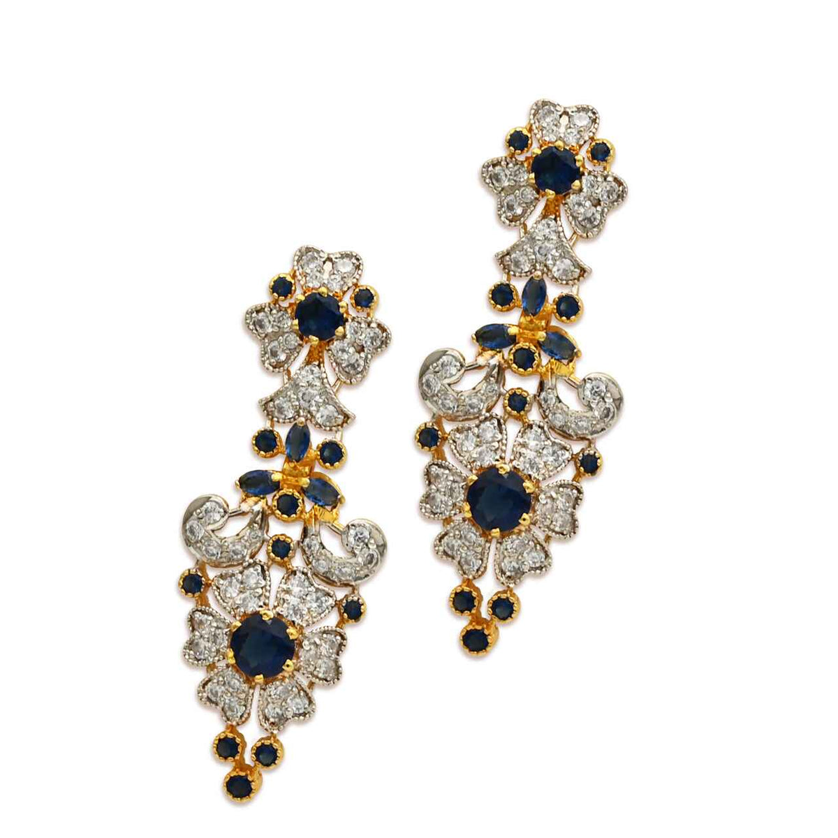 Elegant Earrings With White and Blue Zircons in 925 Silver With Gold Plating