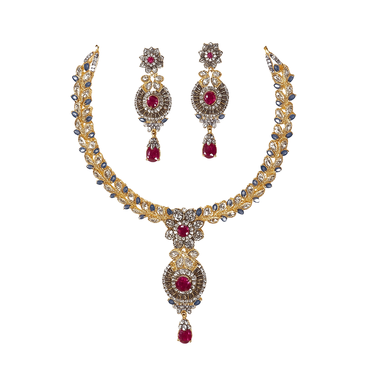 Royal Blue & Red Gold-Plated Necklace Set