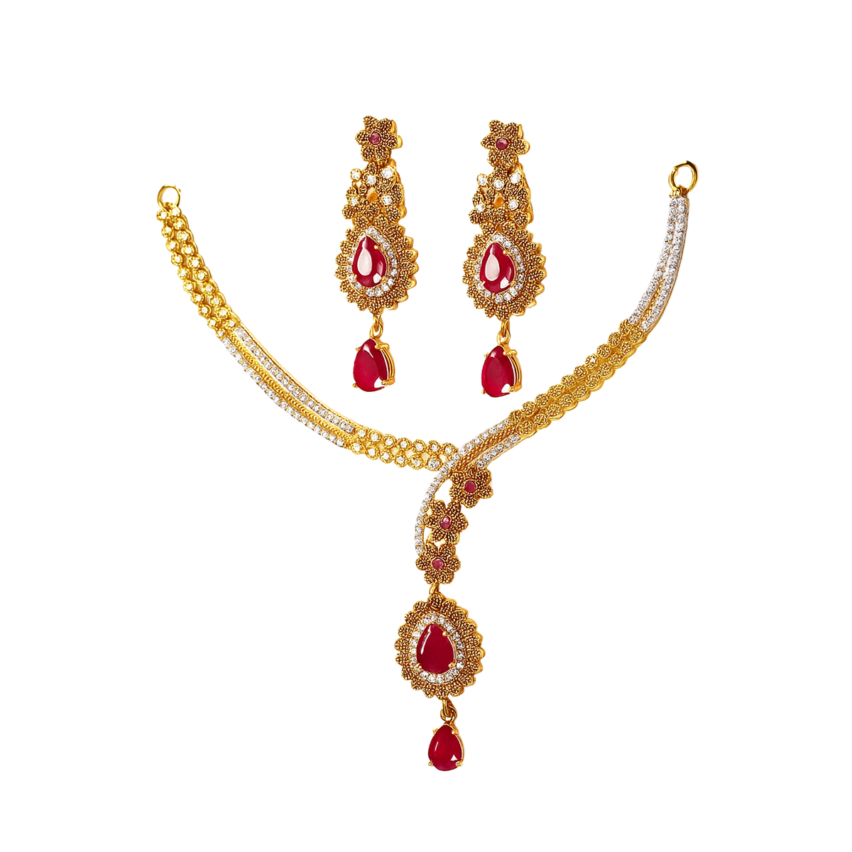 Elegant Ruby & Gold-Plated Necklace Set