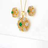 Gold-Plated Emerald & White Stone Floral Pendant Set