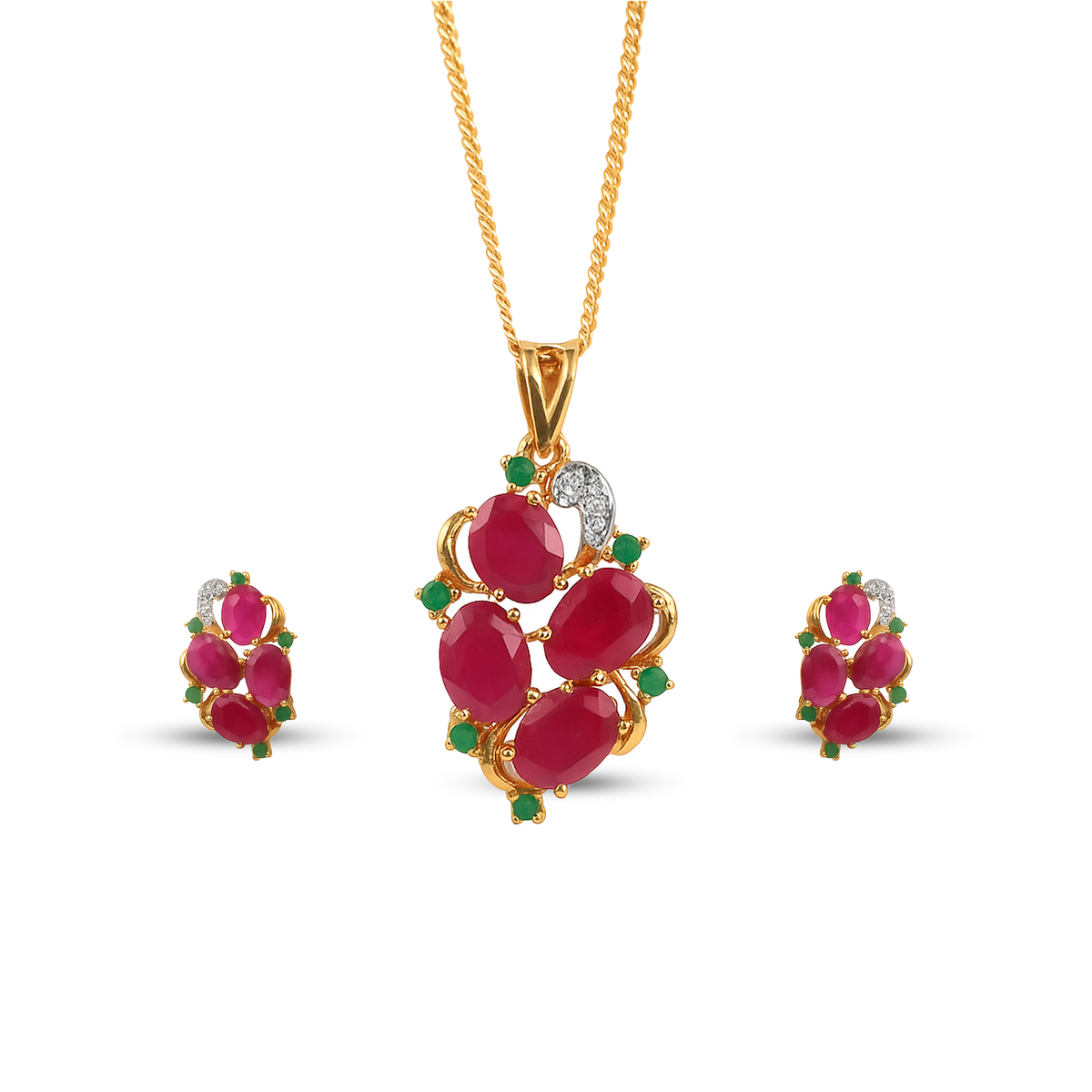 Gold-Plated Ruby Cluster Pendant Set