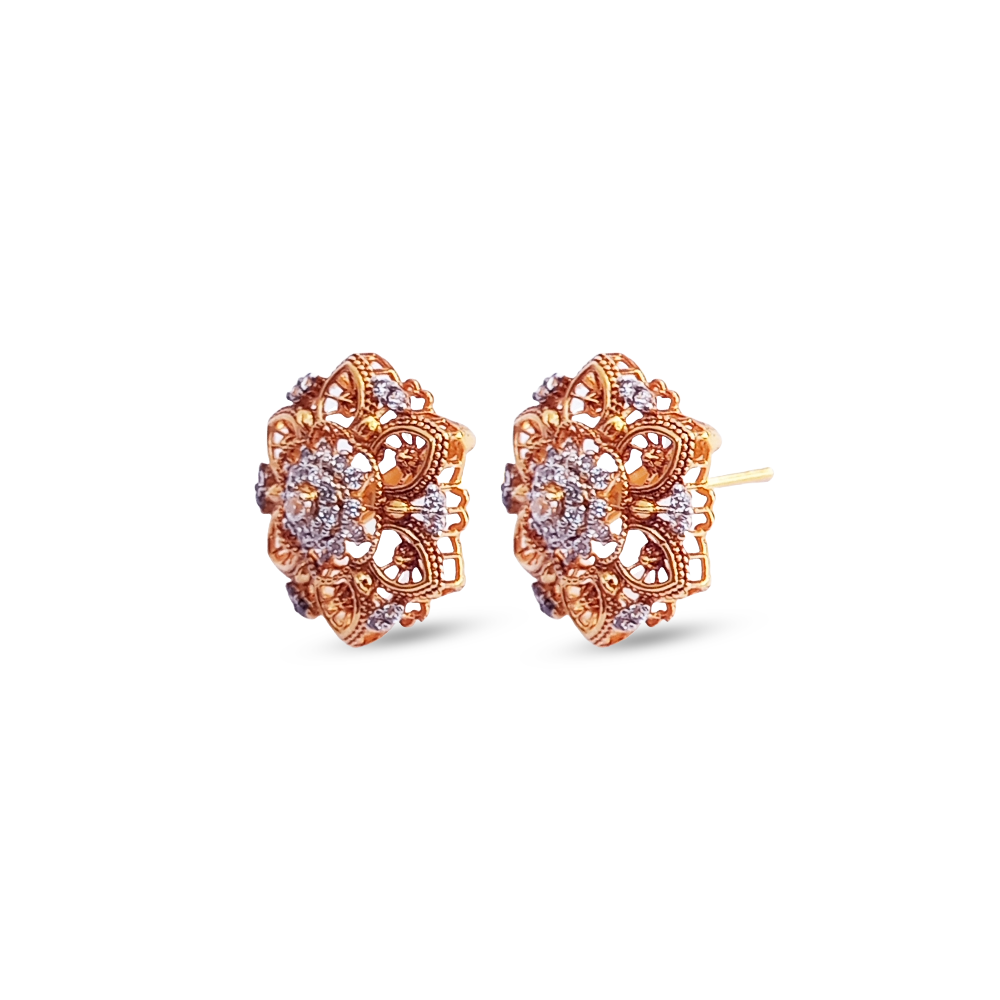 Intricate Floral Diamond & Rose Gold Stud Earrings