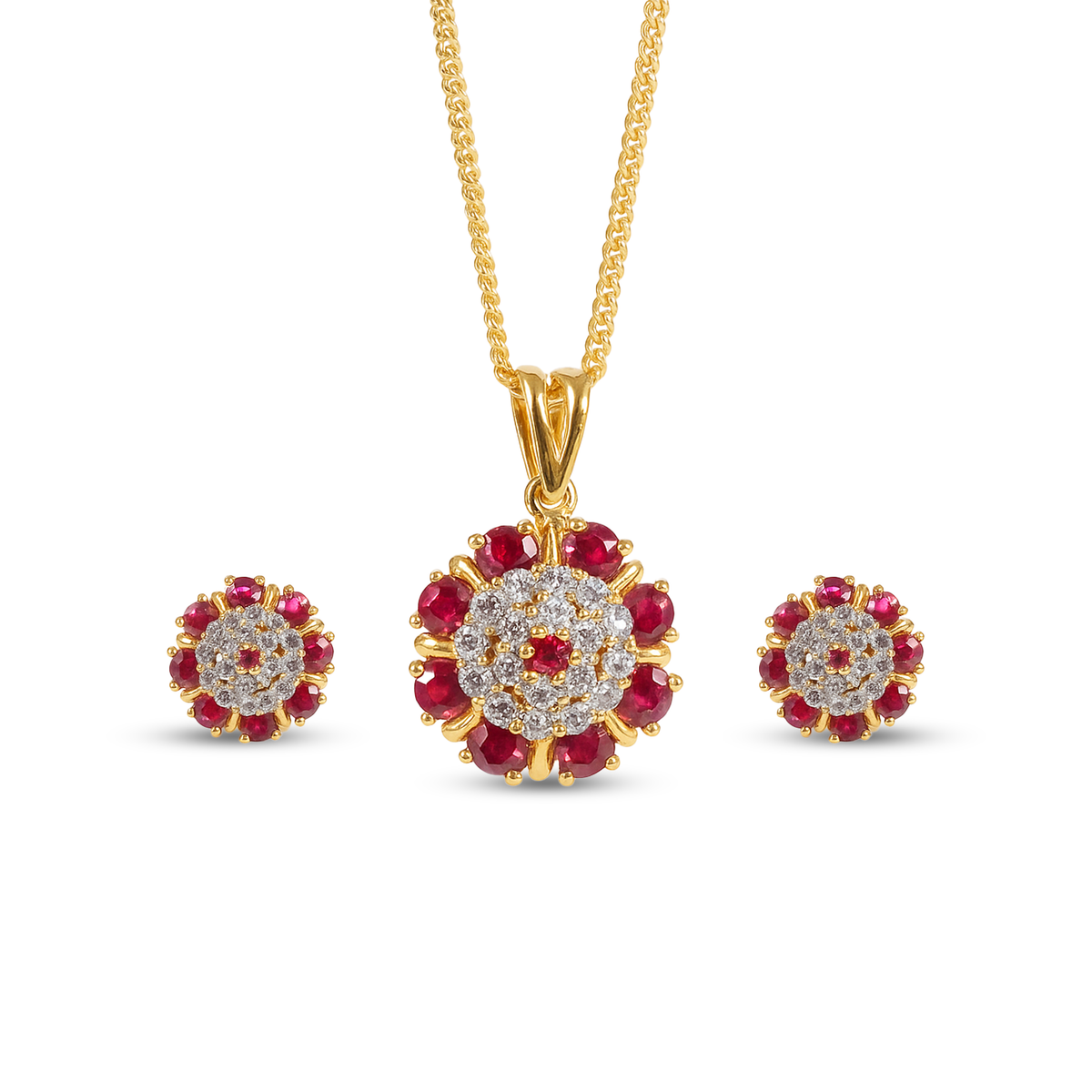 Gold-Plated Ruby & White Stone Floral Pendant Set