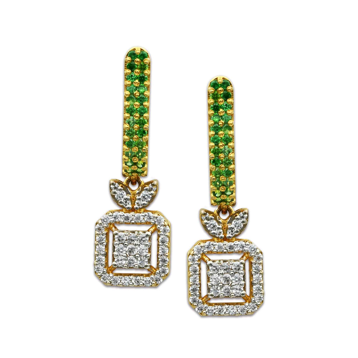 Elegant Earrings With White and Green Zircons in 925 Silver With Gold Plating