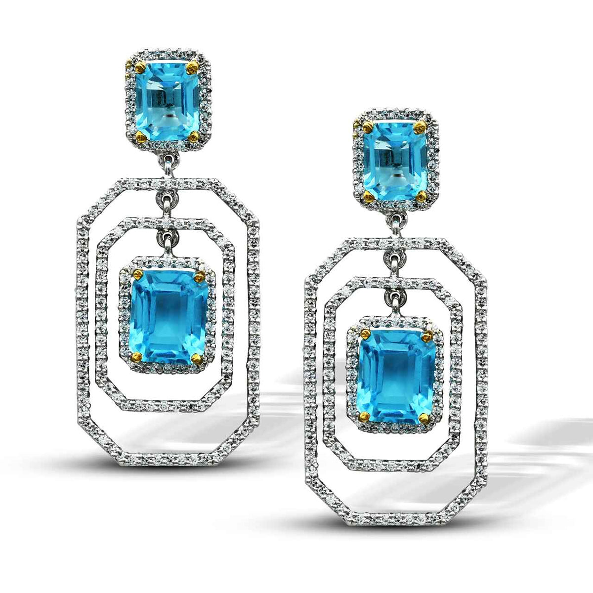 Luxurious Earrings With Zircons and Blue Stones in 925 Silver With Rhodium Plating