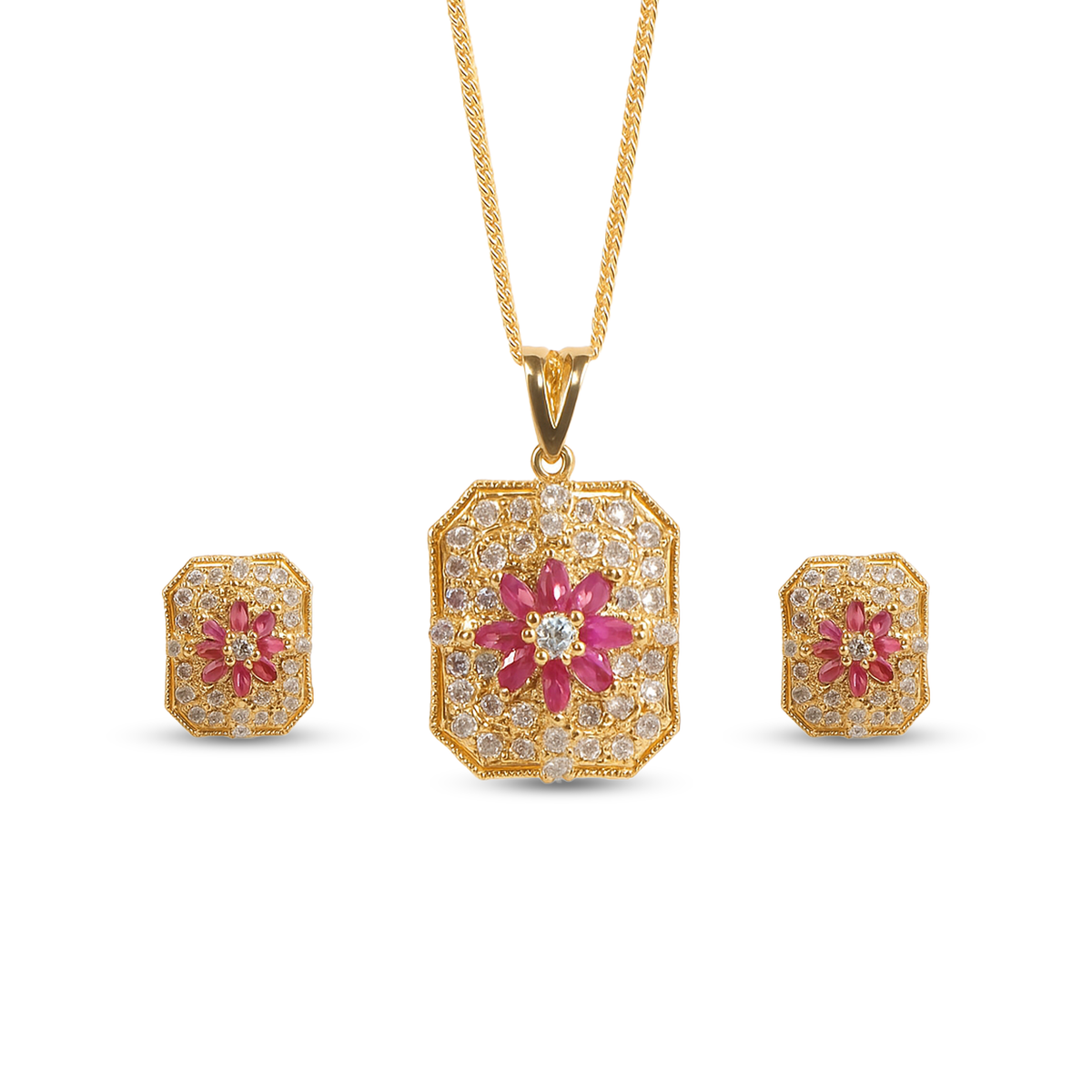 Gold-Plated Ruby & White Stone Pendant Set