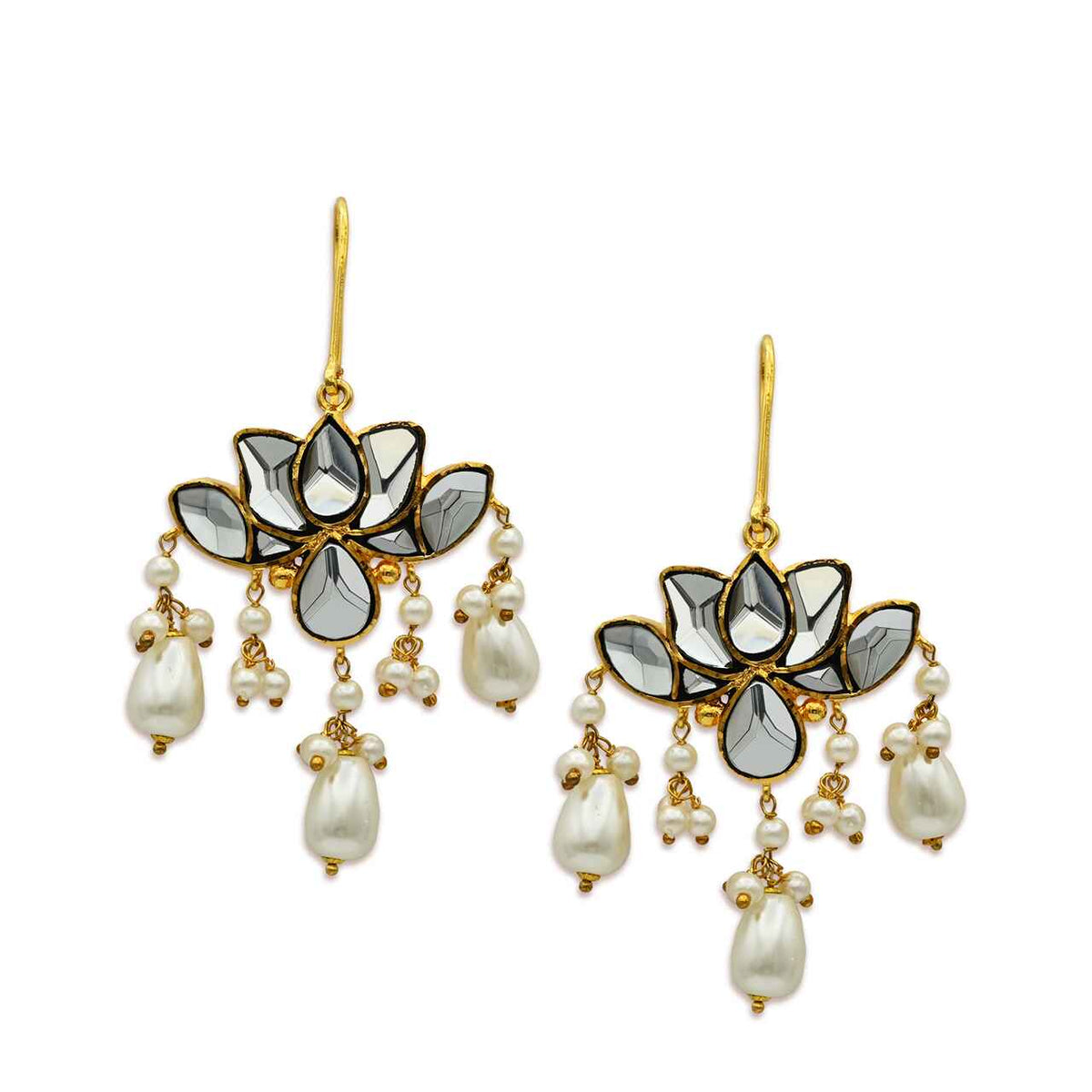 Dazzling Earrings With White Polki & Pearls in 925 Silver With Gold Plating