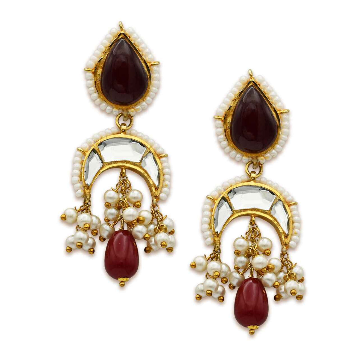 Elegant Kundan Style Earrings With Pearls, Polki, and Red Stones in 925 Silver With Gold Plating