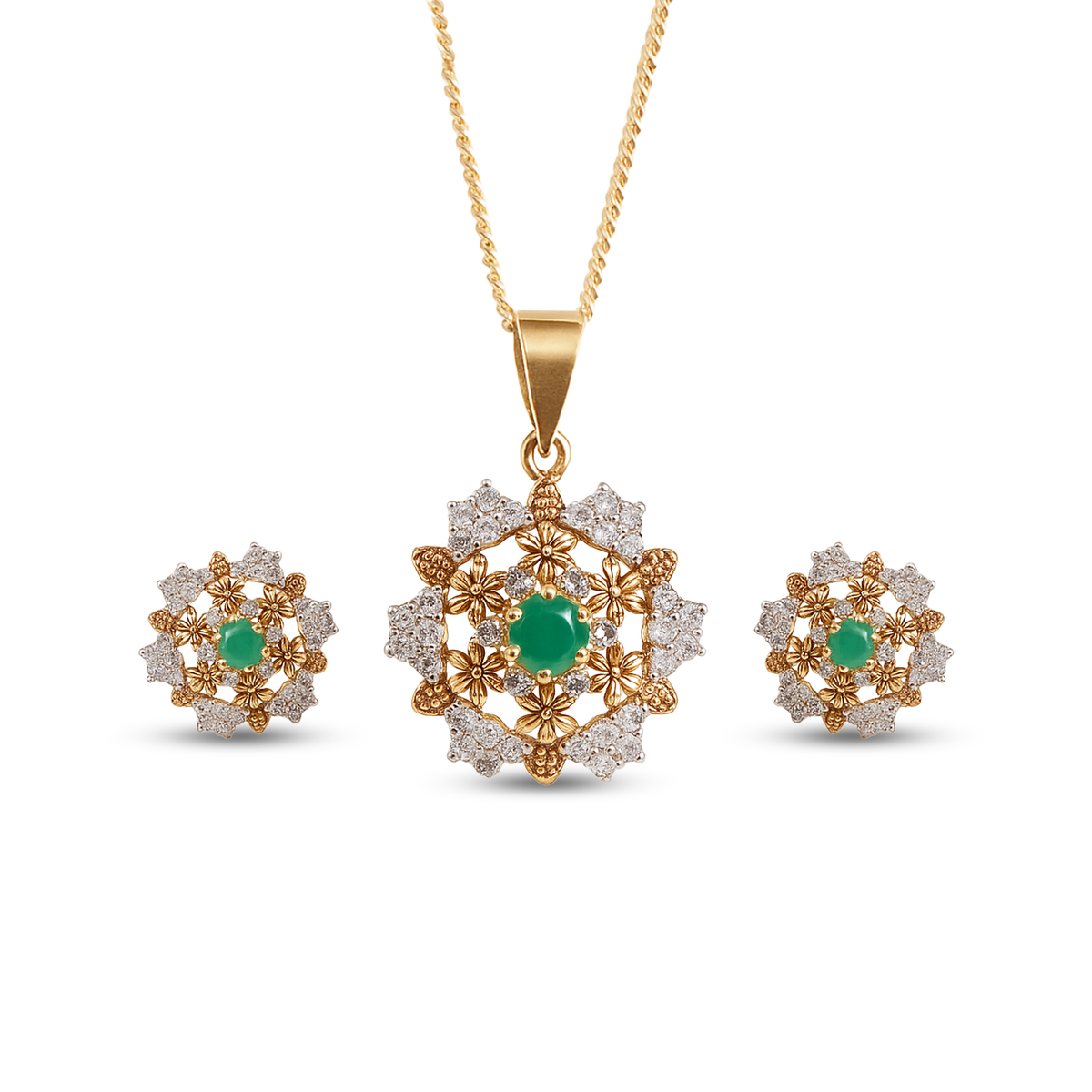 Gold-Plated Emerald & White Stone Floral Pendant Set