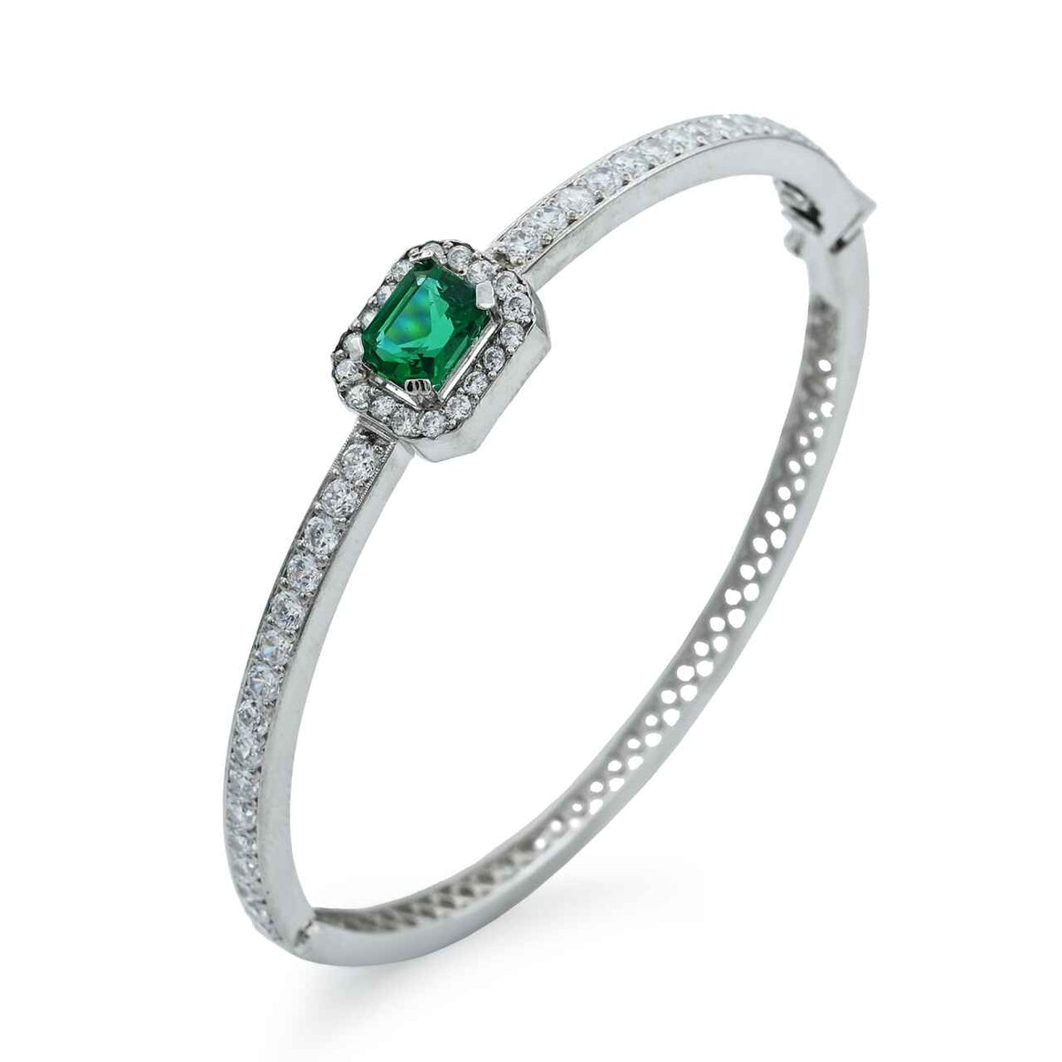 Luxurious Bracelet With Green and White Zircons in 925 Silver With Rhodium Plating