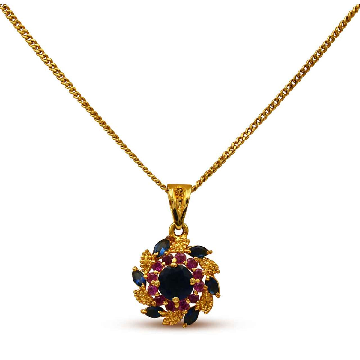 Luxurious Pendant With Blue and Pink Zircons in 925 Silver With Gold Plating