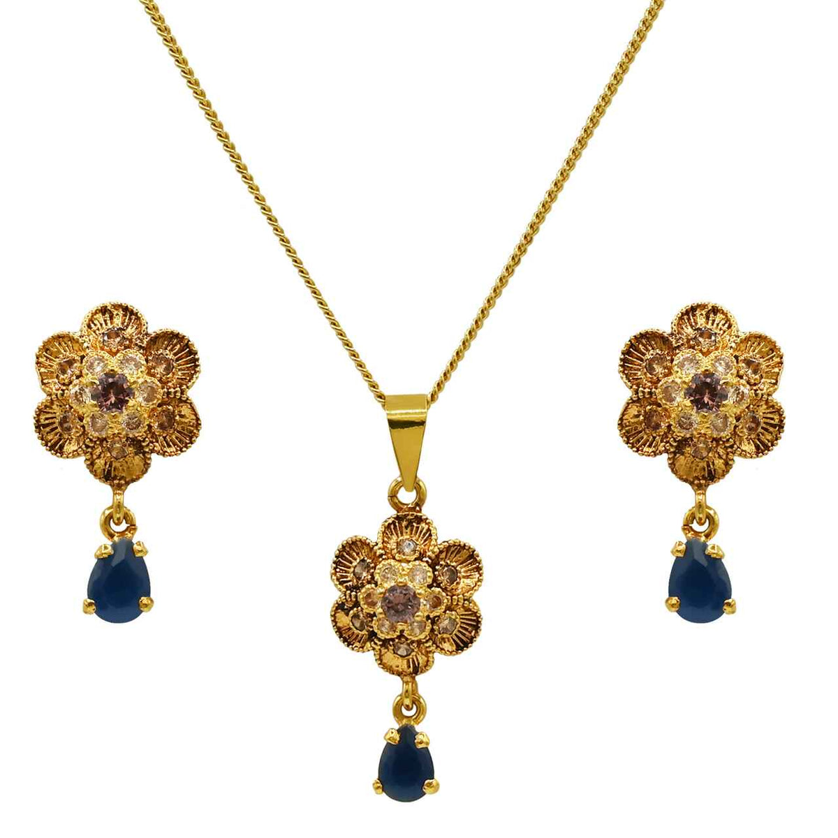 Elegant pendant set with white and blue zircons in 925 Silver with Gold plating