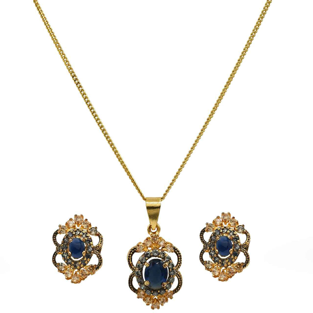 Elegant pendant set with white, blue and champagne zircons in 925 Silver with Gold plating