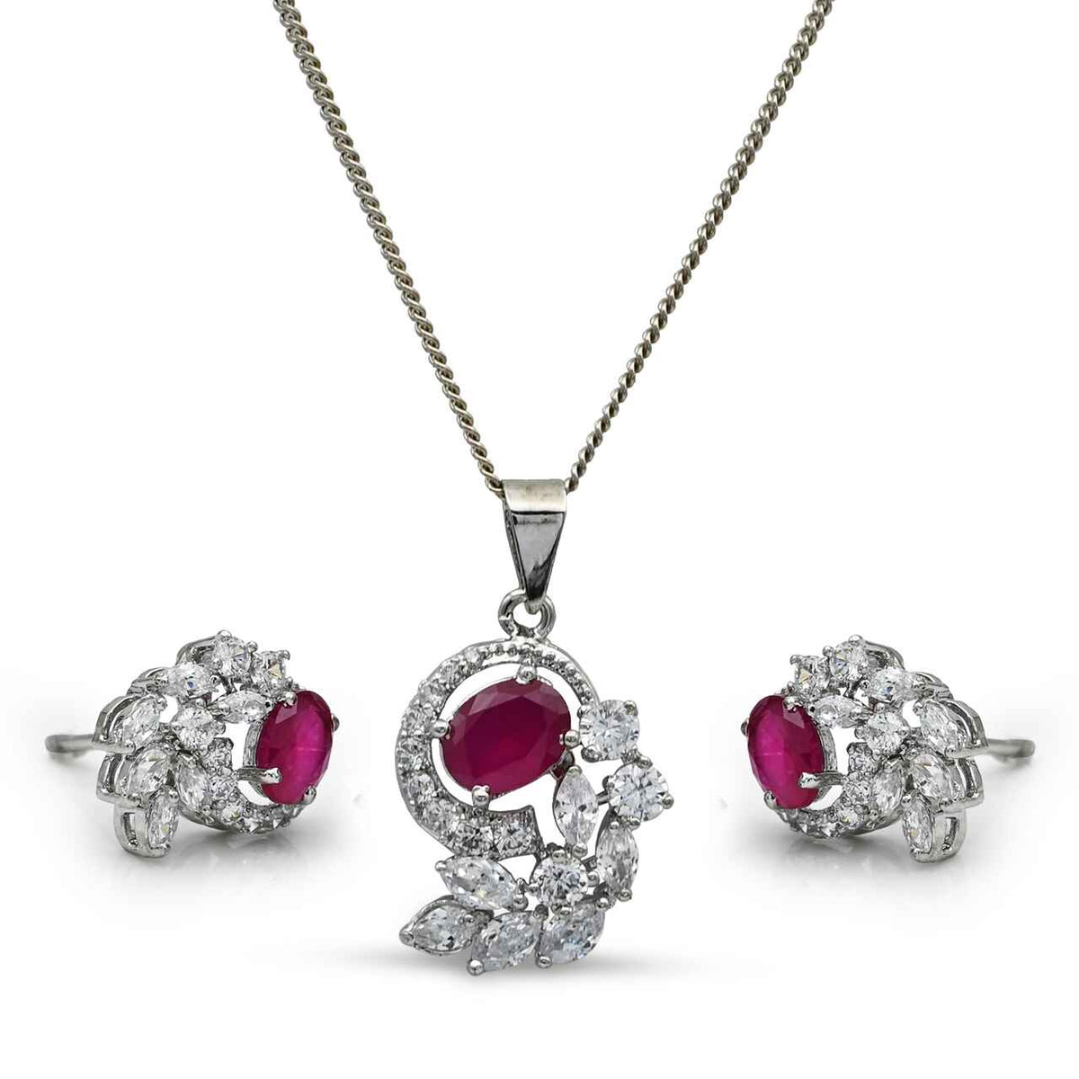 Luxurious pendant set with white and red zircons in 925 Silver with Rhodium plating