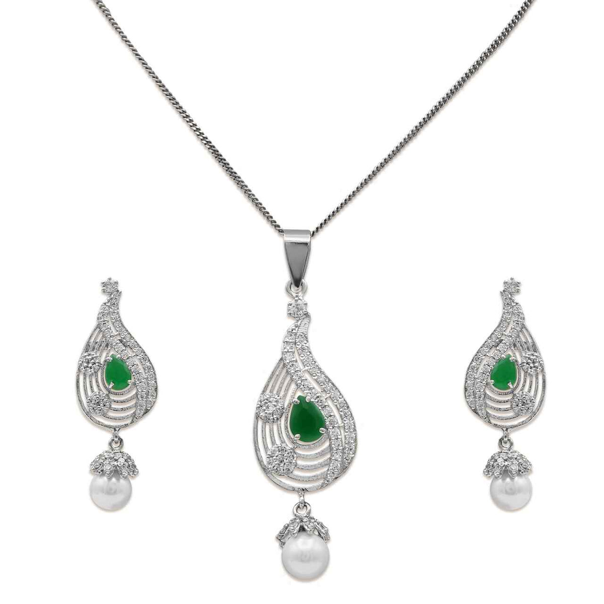 Dazzling Pendant Set With White, Green Zircons & Pearls in 925 Silver With Rhodium Plating