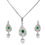 Dazzling Pendant Set With White, Green Zircons & Pearls in 925 Silver With Rhodium Plating