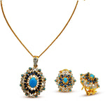 Elegant White, Blue Zircons and Feroza Pendant Set in 925 Silver With Gold Plating