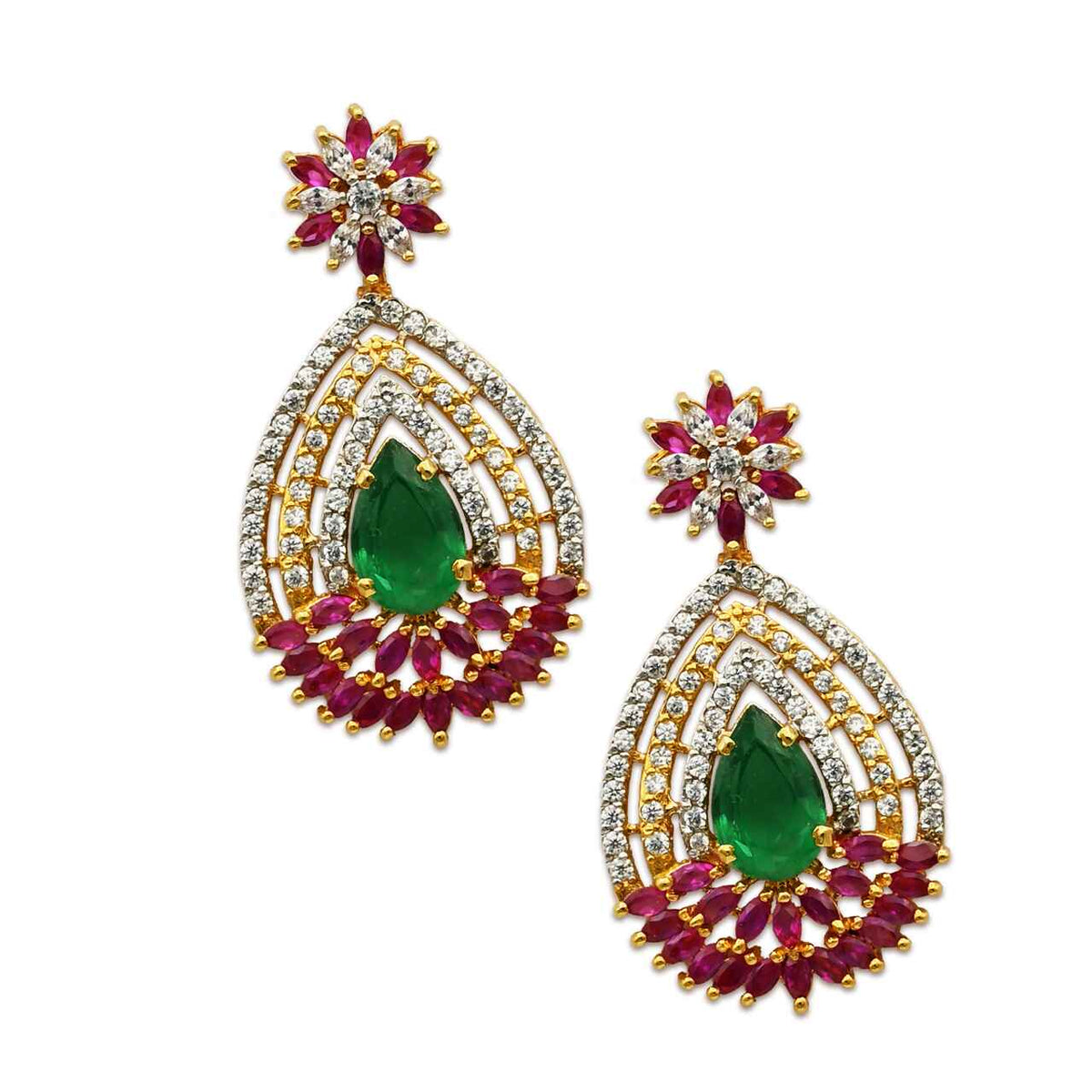 Dazzling Earrings With White, Red, and Green Zircons in 925 Silver With Gold Plating