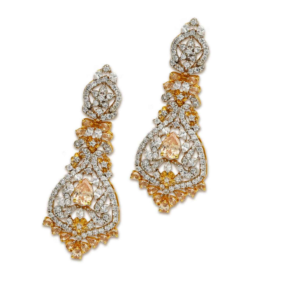 Dazzling Earrings With White & Champagne Zircons in 925 Silver With Gold Plating