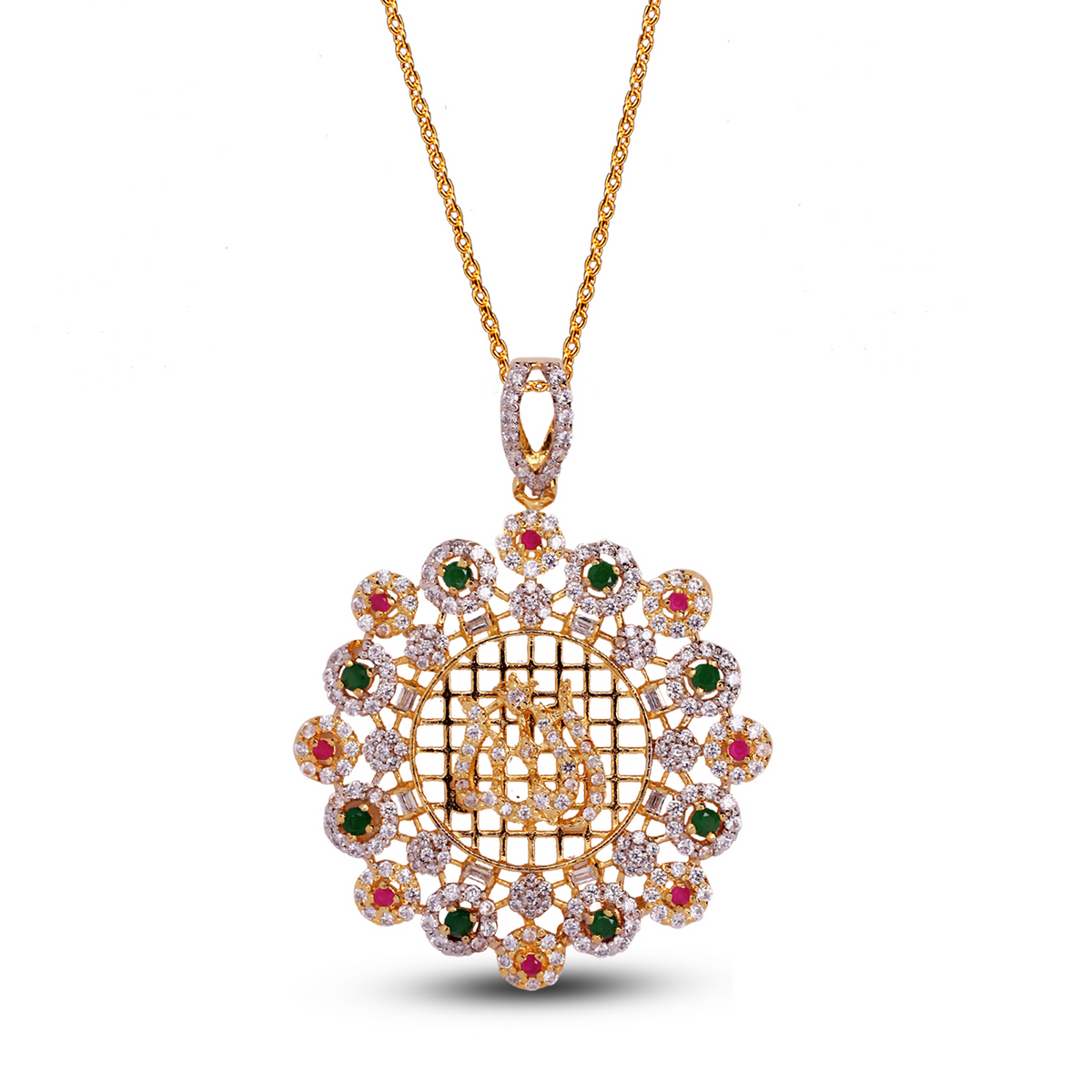 Golden Zircon Floral Pendant Necklace (Green, Red, and White)