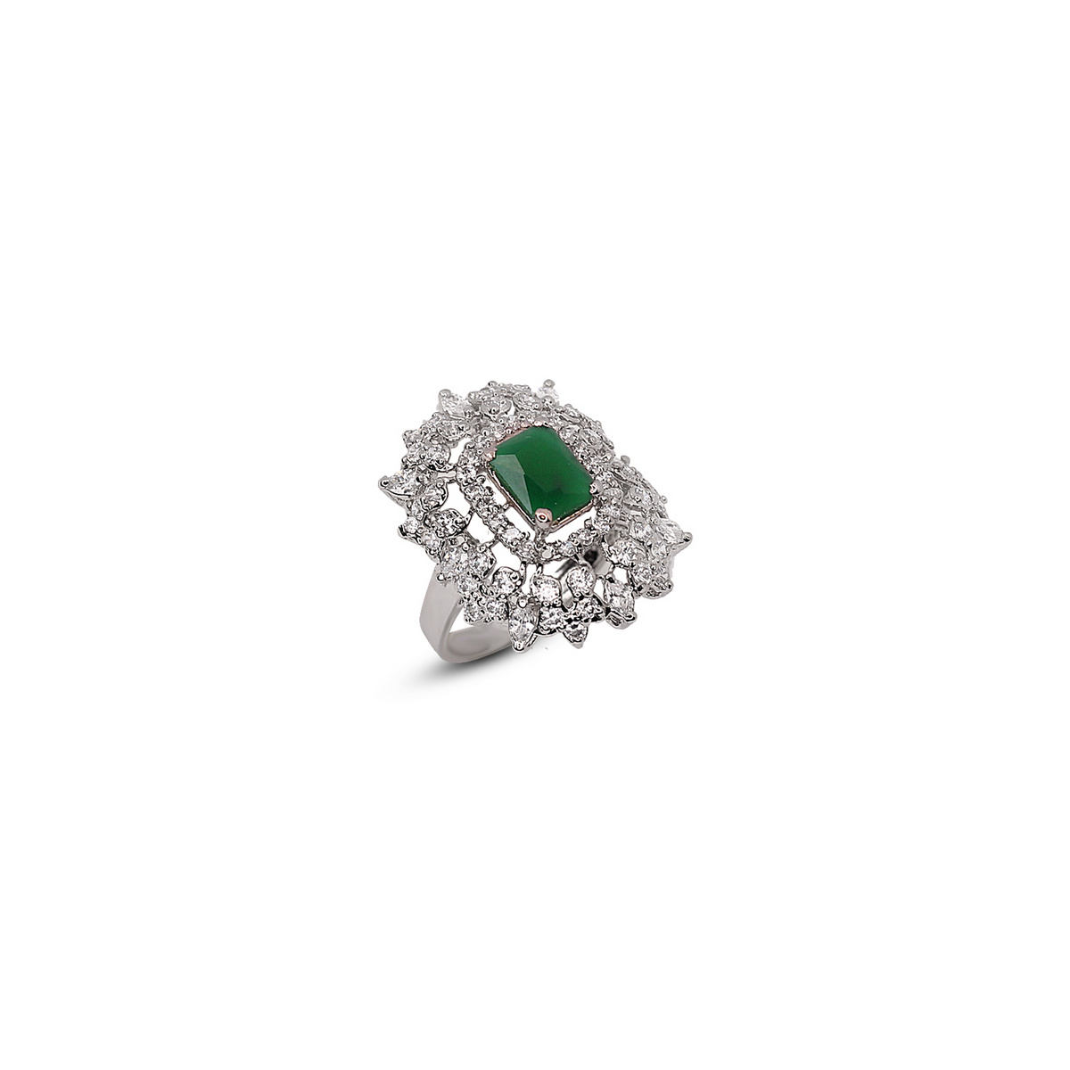 Rhodium-Plated Ring with Green & White Zircon
