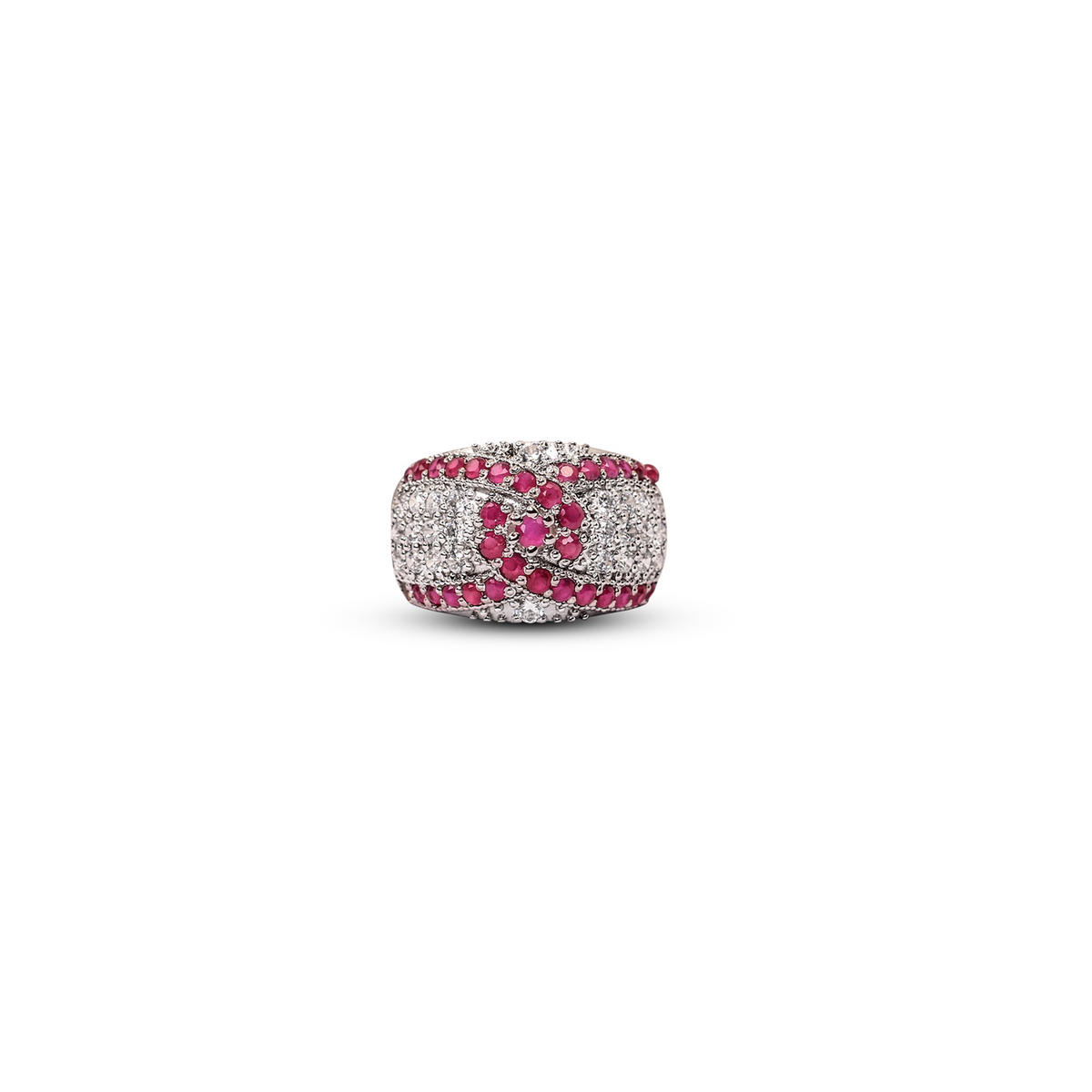 Rhodium-Plated Ring with Red & White Zircon