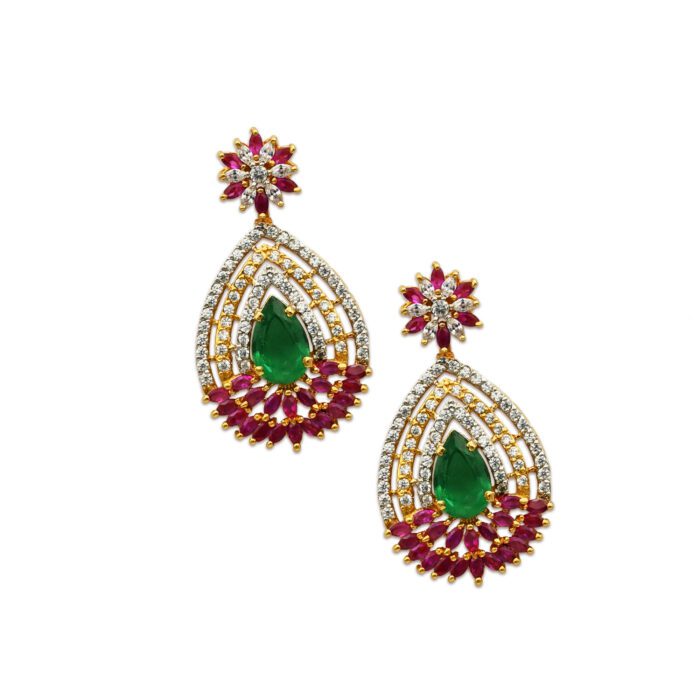 Dazzling Earrings With White, Red, and Green Zircons in 925 Silver With Gold Plating