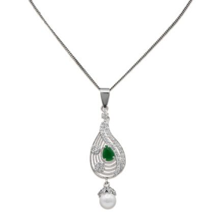 Dazzling Pendant With White, Green Zircons & Pearls in 925 Silver With Rhodium Plating