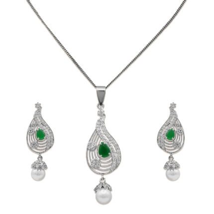 Dazzling Pendant Set With White, Green Zircons & Pearls in 925 Silver With Rhodium Plating