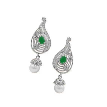 Dazzling Earrings With White, Green Zircons & Pearls in 925 Silver With Rhodium Plating