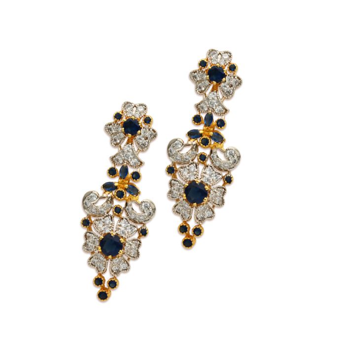 Elegant Earrings With White and Blue Zircons in 925 Silver With Gold Plating