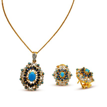 Elegant White, Blue Zircons and Feroza Pendant Set in 925 Silver With Gold Plating