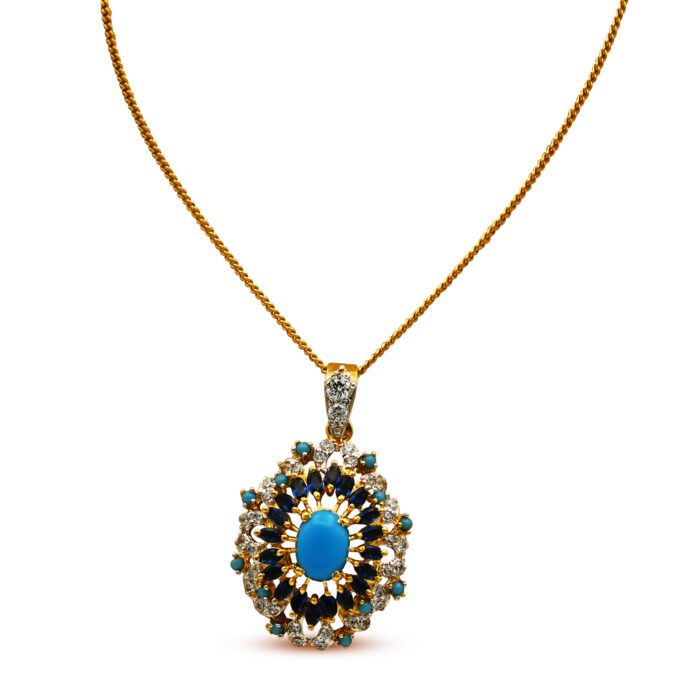 Dazzling Pendant With White, Blue Zircons & Feroza in 925 Silver With Gold Plating