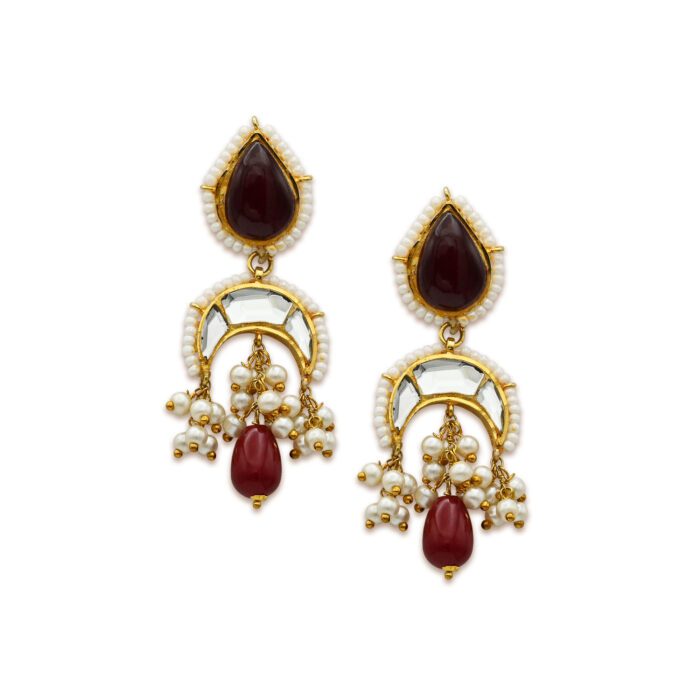 Elegant Kundan Style Earrings With Pearls, Polki, and Red Stones in 925 Silver With Gold Plating