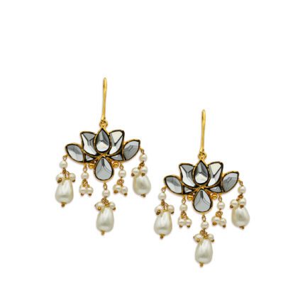 Dazzling Earrings with White polki & pearls in 925 Silver with Gold plating